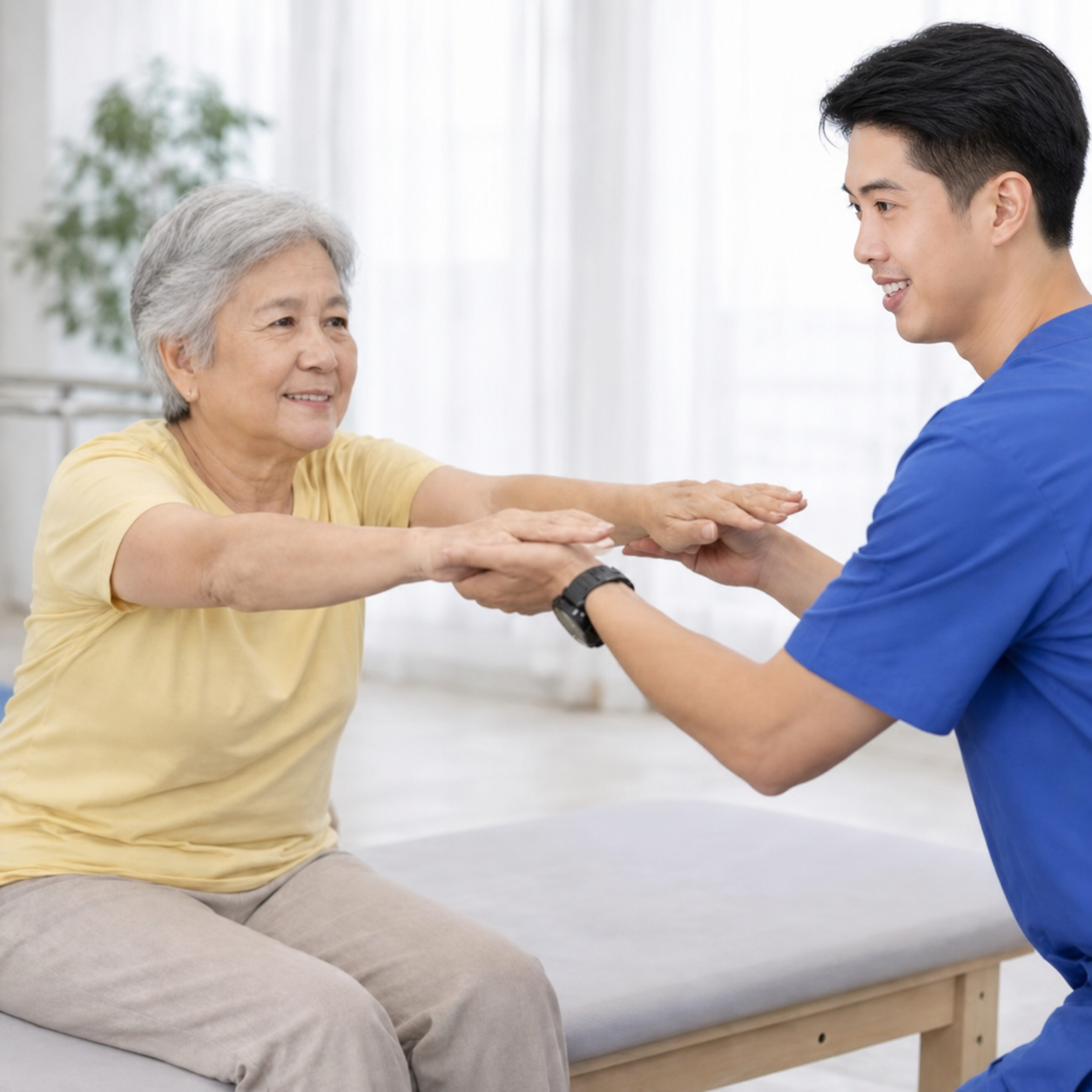 Heng Choong guiding an older adult through a rehabilitation exercise
